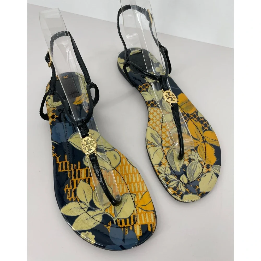 Tory Burch Emmy Floral Patent Leather Thong Sandals Navy Yellow Gold Logo 7.5M